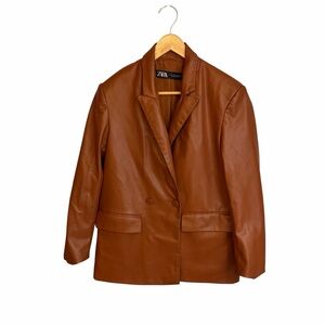 Zara Double Breasted Faux Leather Cognac Blazer